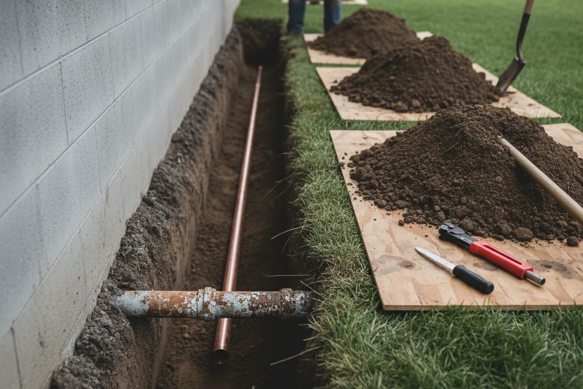 Excavated water line trench during Sewer Line Repair in Stanchfield
